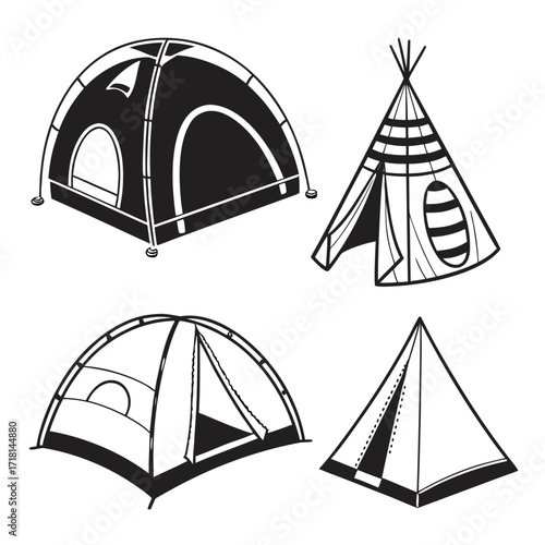 Assorted Camping Tents In Black And White Outline shelter