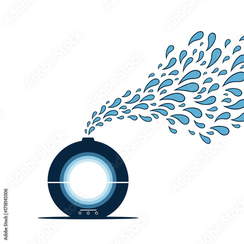 An abstract illustration shows a dark blue diffuser emitting a plume of blue water droplets into the air.