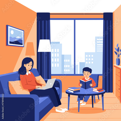 A mother and her child are studying at home with a laptop and books.