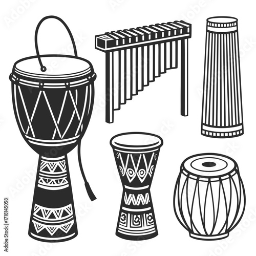 Assortment of African Drums and Percussion Instruments