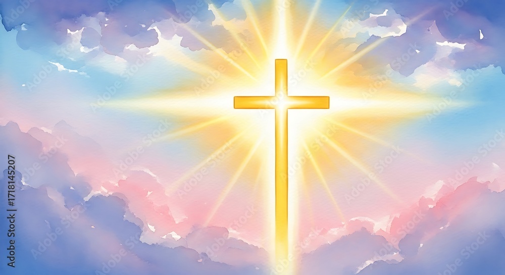 Fototapeta premium Golden Cross Shining Brightly in a Heavenly Sky