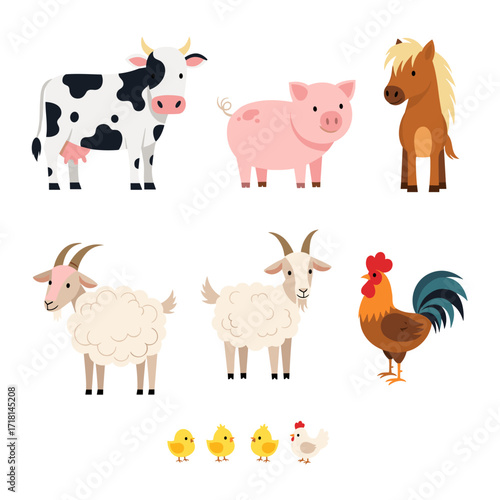 A charming collection of farm animals including a cow pig horse goat sheep rooster and chicks.