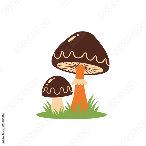 Two adorable brown mushrooms growing in a patch of vibrant green grass surrounded by nature.