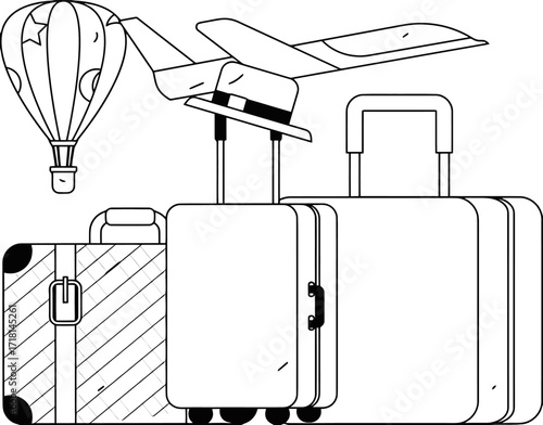 Embark on your next adventure with anticipation, featuring a hot air balloon, airplane, and luggage ready for exciting journeys and global exploration