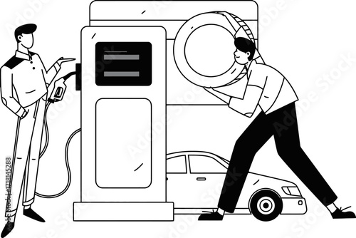 Professional service station attendant assists customer with tire change and fuel fill-up for seamless vehicle maintenance and mobility, ensuring travel convenience.