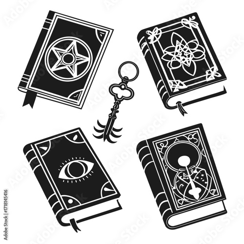Assortment of magical books and a key spellbook