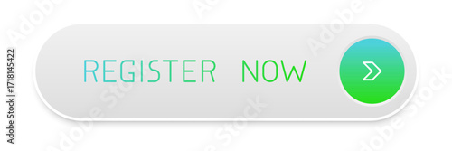 Modern white, blue and green rounded CTA button with shadow, "Register now" text, arrow icon, web UI element for landing pages, mobile apps or banners.
