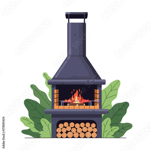 Outdoor barbecue fireplace with burning fire and stacked firewood surrounded by green plants.