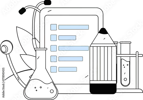 Design medical research science healthcare stethoscope test tube pencil checklist illustration lab equipment verctor art illustration png