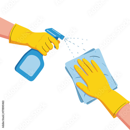 Gloves and spray bottle cleaning a surface with a cloth.