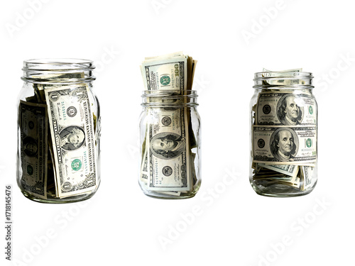 Stack of cash in glass jars money management concept financial awareness indoor setting close-up view