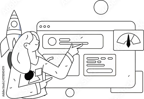 Design woman dashboard analytics rocket performance data analysis business growth website speed seo strategy verctor art illustration png