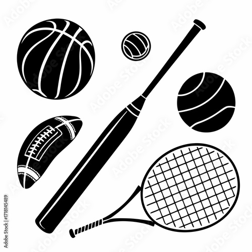 Assortment of sports equipment silhouettes ball baseball bat