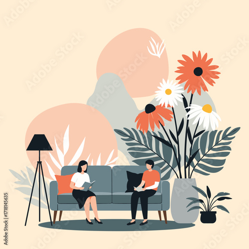 A serene therapy session unfolds on a comfortable couch amidst blooming flowers and calming decor.