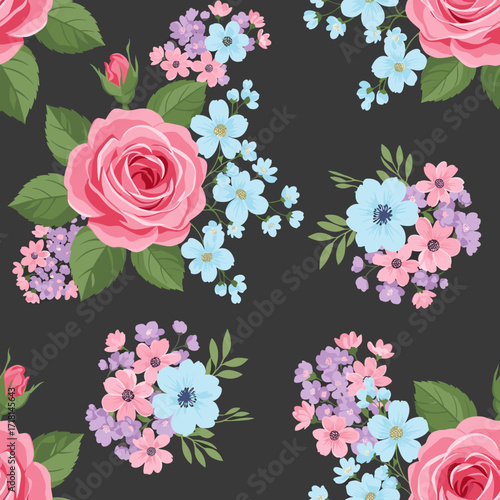 A delightful pattern featuring pink roses and delicate blue flowers with a dark background.
