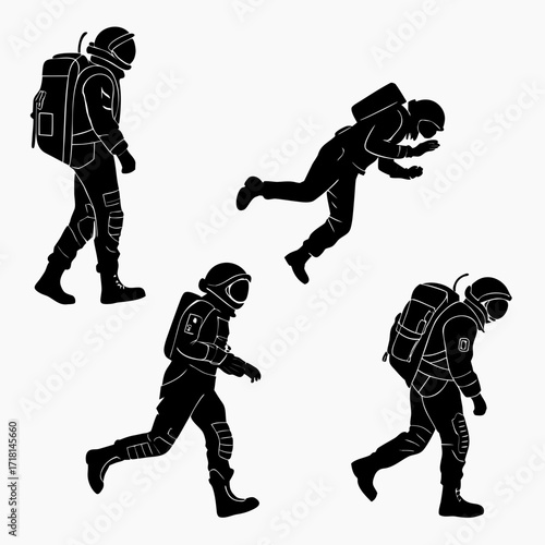 Astronaut Silhouettes In Various Poses On White Background