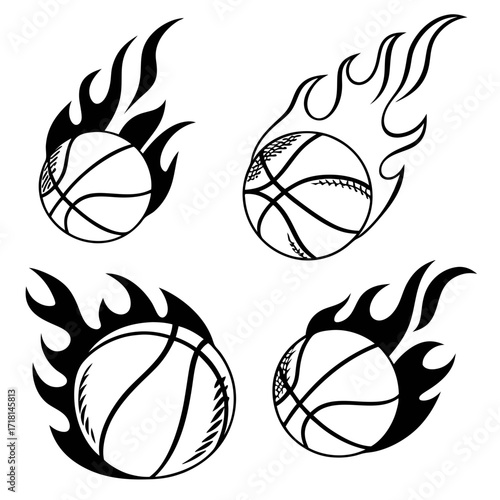 Basketballs with flames graphic icons on white sport
