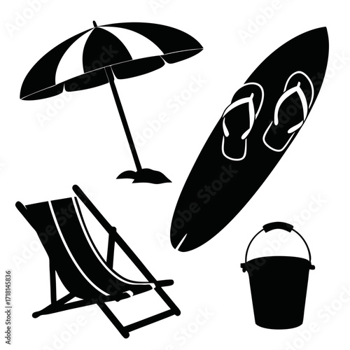 Beach umbrella with flip-flops on surfboard and deck chair Keywords: beach, summer, vacation