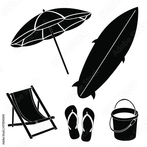 Beach umbrella surfboard deck chair flip-flops and bucket silhouettes Keywords: beach, summer