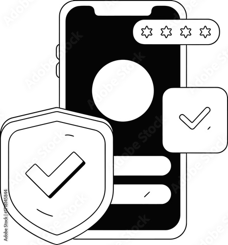 Design secure mobile phone data protection authentication shield checkmark privacy safety access control app security verctor art illustration png
