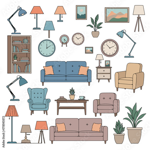 Collection of furniture and decorative home items for interior design.
