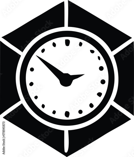 Modern hexagonal clock icon symbol featuring analog timepiece hands and dot markers for time management concepts