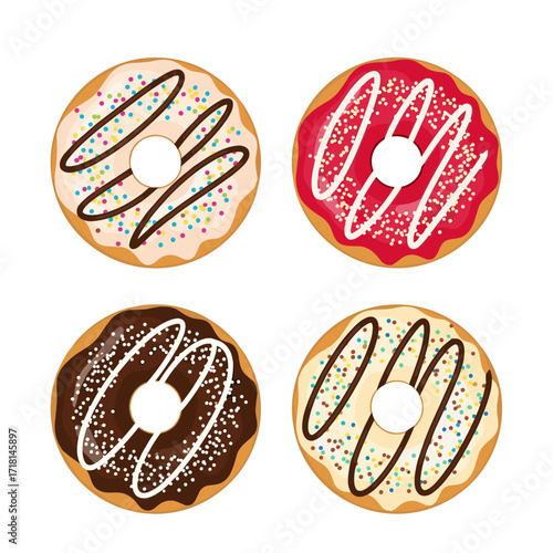 A delightful assortment of four decorated donuts with various colorful toppings and frosting.