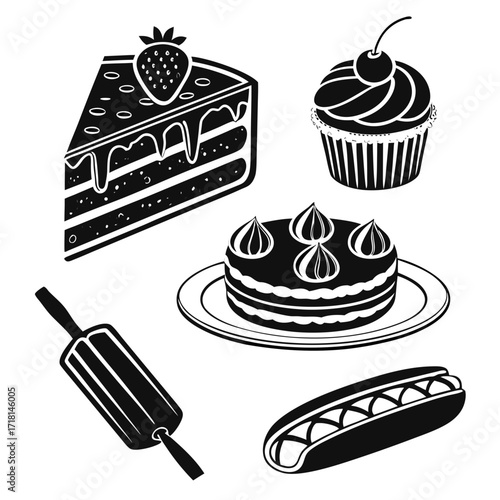 Black and White Bakery and Dessert Icons Keywords: cake slice, cupcake, cake, hot dog, rolling