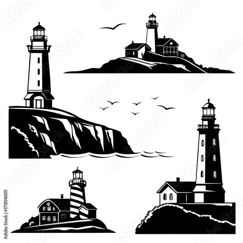 Black and white collection of lighthouse illustrations Keywords: lighthouse, coast, sea, ocean