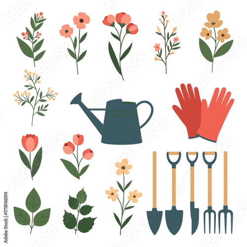 A collection of gardening tools and flowers for spring planting and outdoor activities.