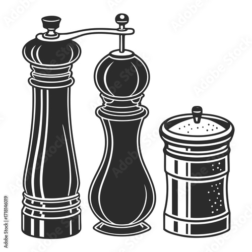 Black and White Illustration of Kitchen Grinders and Shaker