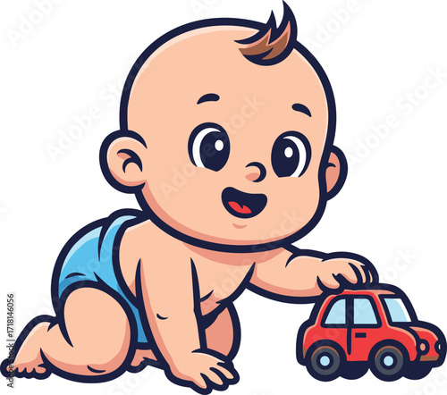 Cartoon baby crawling with red toy car, cute infant character illustration, childhood play vector art, early development and learning clipart