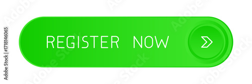 Modern green rounded CTA button with shine, "Register now" text, arrow icon, web UI element for landing pages, mobile apps or banners.