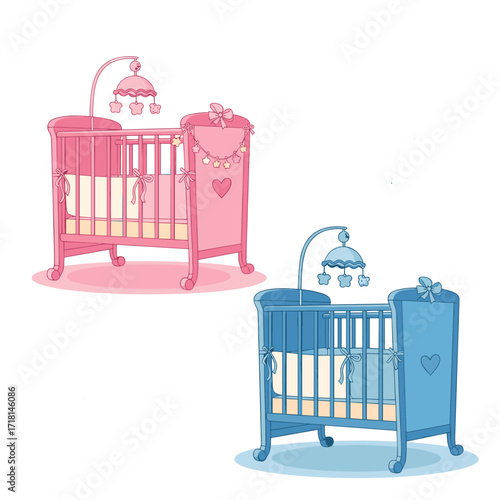 Two charming baby cribs one pink and one blue with crib mobiles for infants.