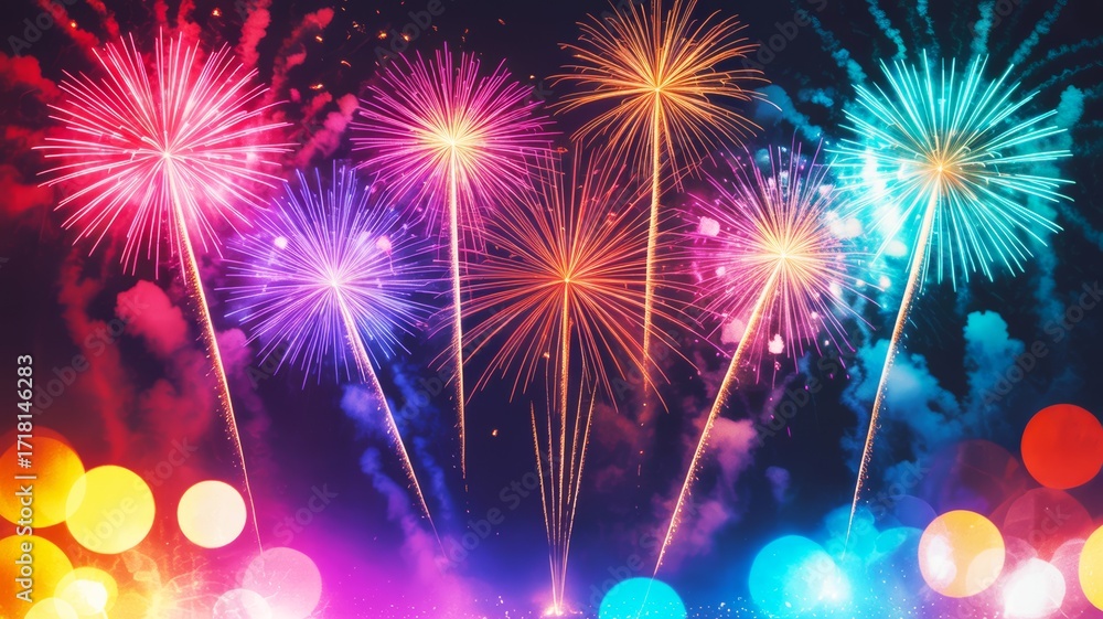 Fototapeta premium A vibrant display of fireworks in various colors lighting up the night sky, creating a festive and celebratory atmosphere.