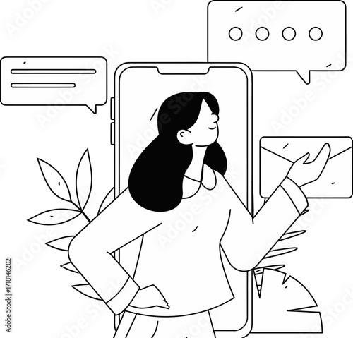 Design woman messaging on phone mobile communication online chat message app social media digital technology design verctor art illustration png