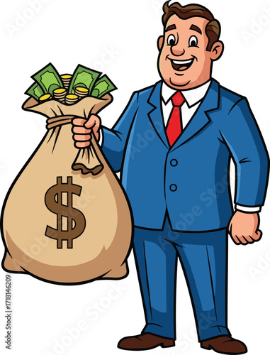 Cartoon businessman holding money bag, smiling character illustration, finance vector art, wealth and success clipart, investment concept, banking and financial prosperity design