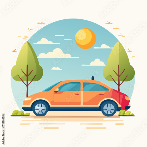 Illustration of an orange sedan car parked on a road with trees and a sunny sky in the background.