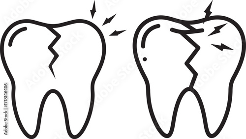 Two cracked teeth with painful lightning bolts silhouette