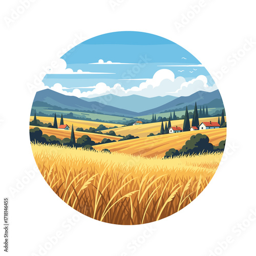 Golden fields under a vast blue sky with rolling hills and distant mountains.