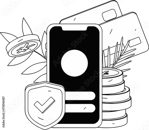 Design secure mobile banking app with credit cards and coins for online payment and financial transaction safety verctor art illustration png