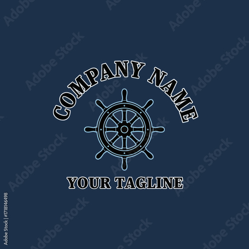 Nautical Ship's Wheel Logo Design with Custom Text on a Dark Blue Background, perfect for marine and maritime company branding identity, Flat Vector Elements, Vector Illustration, Simple Vector,