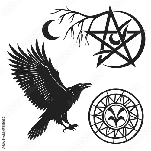 Black raven flying near occult symbols and crescent moon