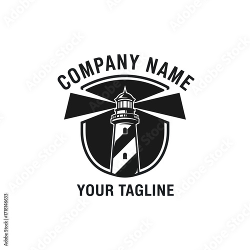 Black and White Lighthouse Logo with Light Rays in Shield Emblem for Company Branding and Tagline, Flat Vector Elements, Vector Illustration, Simple Vector, Stylized Vector Drawing, Vector Template,