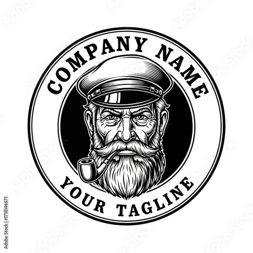 Nautical Captain Portrait Logo Design with Beard, Hat, and Pipe in Circular Emblem - Black and White Engraving Style Vector Art, Flat Vector Elements, Vector Illustration, Simple Vector, Stylized