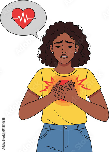 Cartoon person clutching chest in pain, heart health concept with ECG bubble, isolated on white background, vector medical illustration