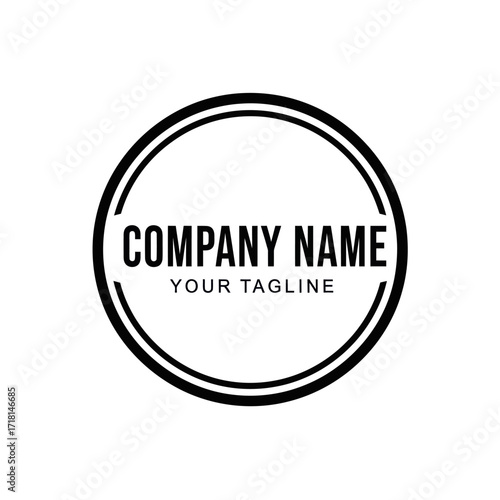 Modern Minimalist Black and White Company Logo Design with Bold Typography and Double-Lined Circular Frame, Featuring Placeholder Text for Brand Name and Tagline on a Clean White Background, Flat