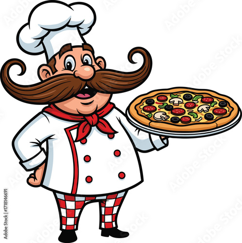 Cartoon chef holding pizza, restaurant cook illustration, Italian food vector art, pizzeria clipart, culinary concept, traditional cuisine and gourmet cooking character design