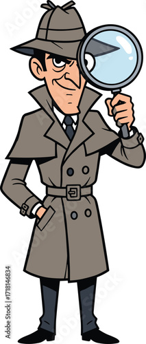 Cartoon detective holding magnifying glass, mystery investigation illustration, private investigator vector art, crime solving clipart, search and analysis concept, sleuth character design