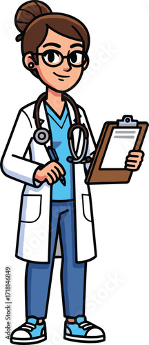 Cartoon healthcare professional with clipboard, medical worker illustration, doctor or nurse vector art, hospital staff clipart, patient care and health service concept